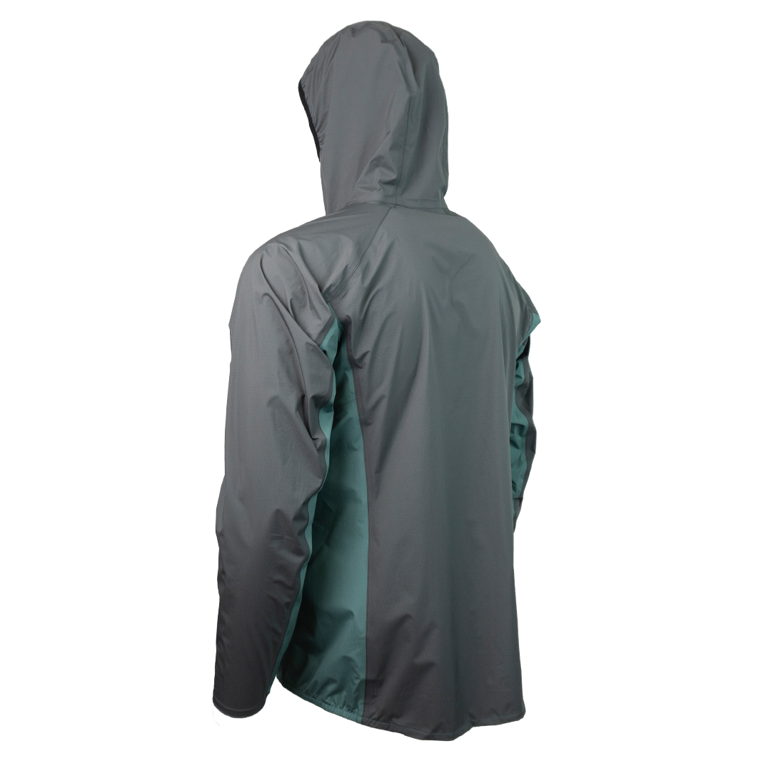 Angled back view of the ultralight rain jacket