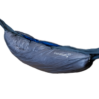 Side profile view of the Outdoor Vitals StormLoft 0°-30°F Down UnderQuilt attached beneath a hammock, highlighting the brand logo and draft baffles.