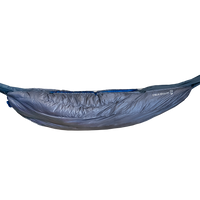 Full side view of the Outdoor Vitals StormLoft 0°-30°F Down UnderQuilt fully installed and suspended under a camping hammock.