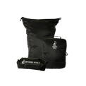 Product shot featuring Outdoor Vitals ultralight travel organization accessories, including a dry bag, a packing cube, and a zippered dopp kit pouch.