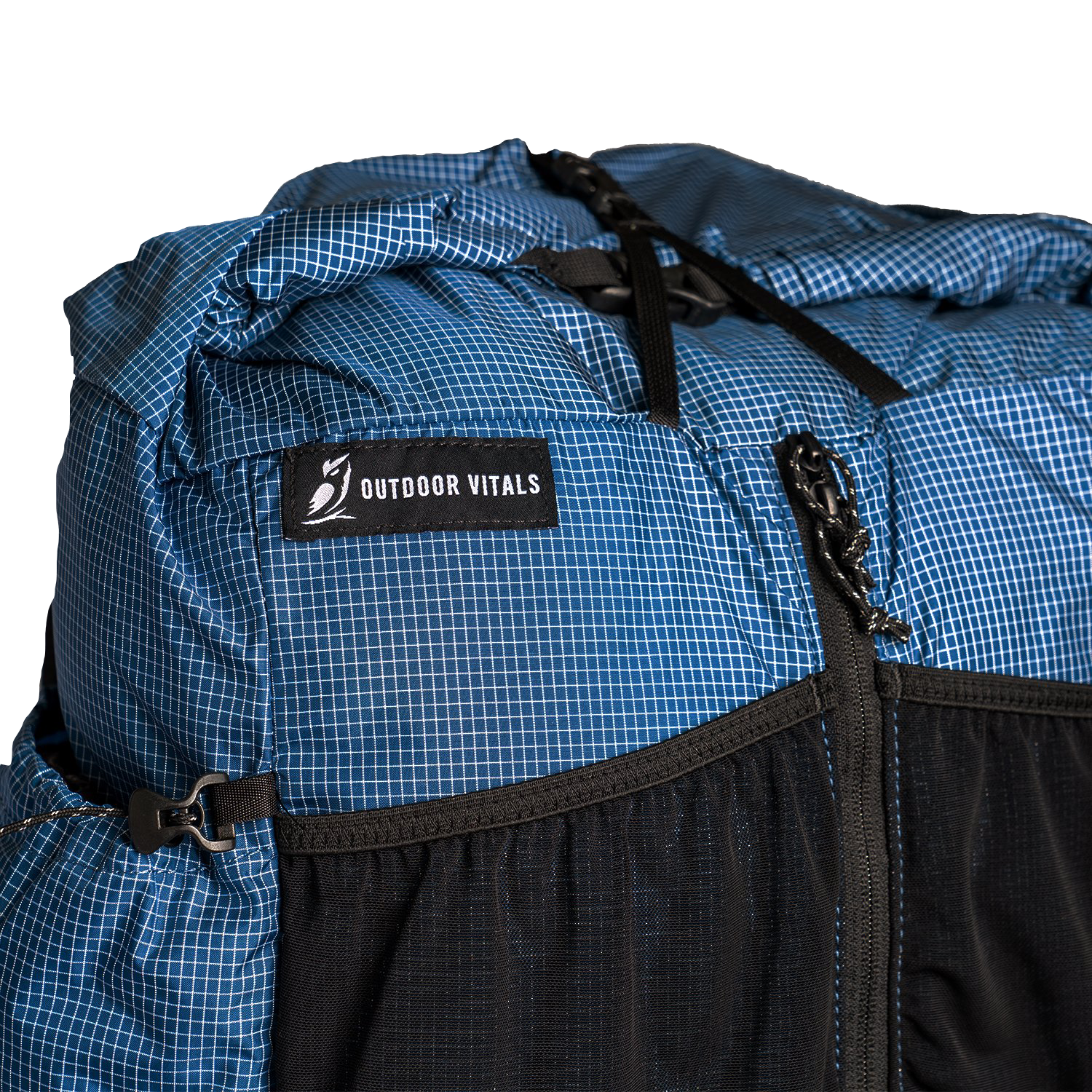 Close-up of the roll top & label on top of the Shadowlight Ultralight Backpack