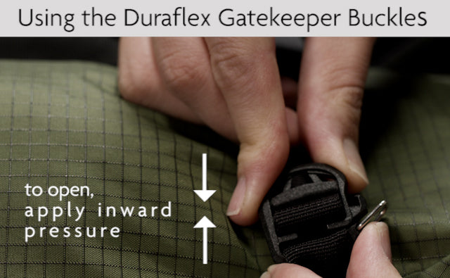close view of person demonstrating how to use gatekeeper buckles on straps for backpack accessories