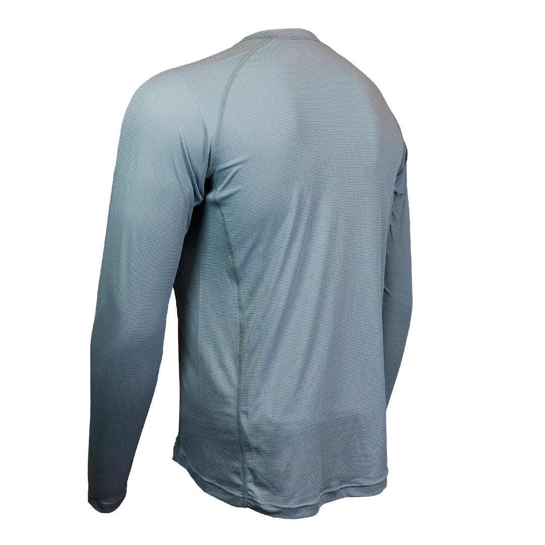 Long-sleeve athletic shirt on a white background 45 degree back right view