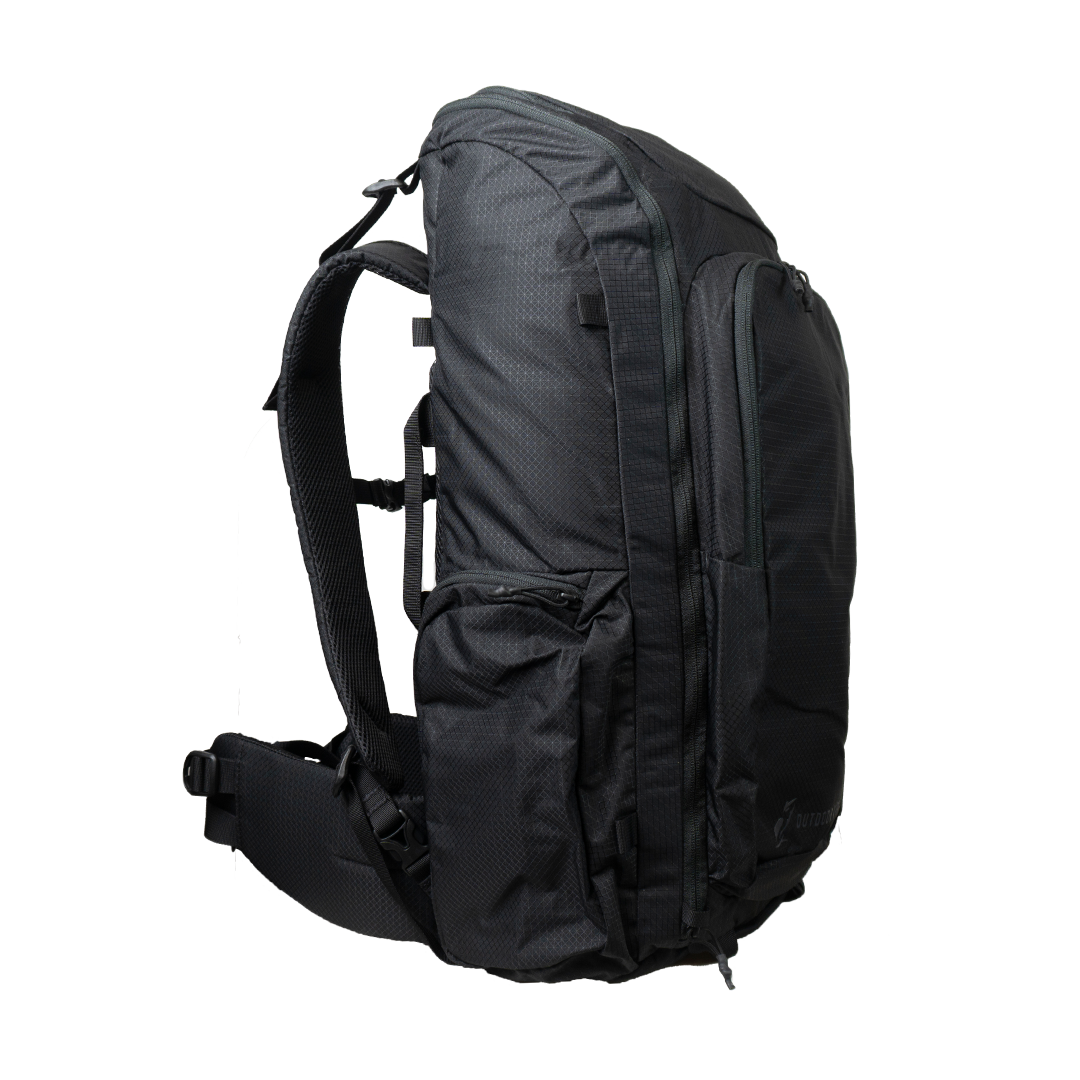 Side profile view of the Outdoor Vitals KotaUL Ultralight Travel & Adventure Backpack, showcasing the deep water bottle side pocket, zippered front access panel, and contoured shoulder strap system.