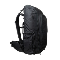 Side profile view of the Outdoor Vitals KotaUL Ultralight Travel & Adventure Backpack, showcasing the deep water bottle side pocket, zippered front access panel, and contoured shoulder strap system.