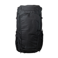 Front view of the Outdoor Vitals KotaUL Ultralight Travel & Adventure Backpack, displaying the large zippered front panel pocket, subtle lower logo branding, durable technical fabric, and side water bottle sleeves.