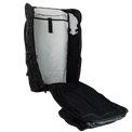 Fully opened main compartment of the Outdoor Vitals KotaUL Ultralight Travel & Adventure Backpack, displaying a clamshell zipper design, light-colored contrast lining, and a hydration bladder sleeve with a secure attachment loop.