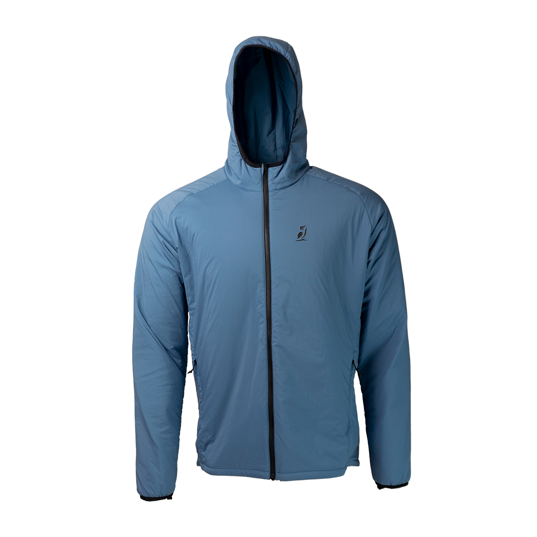 front view of men's full zip hooded jacket for backpacking