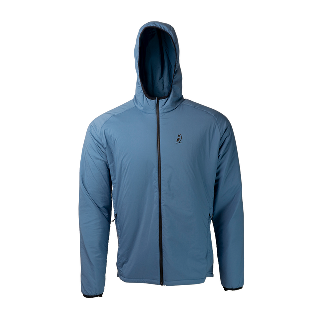 front view of men's full zip hooded jacket for backpacking