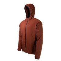 front angled view of the Outdoor Vitals Vario Jacket with the hood up