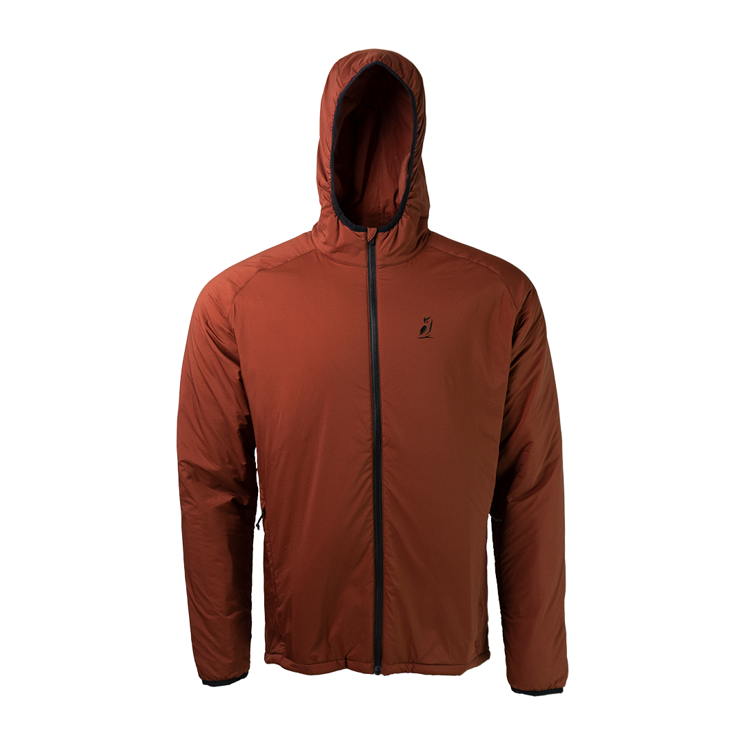 front view of men's full zip hooded jacket for backpacking