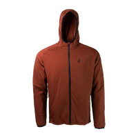 front view of men's full zip hooded jacket for backpacking