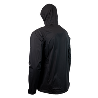 45 degree back left side view of windbreaker jacket for backpacking