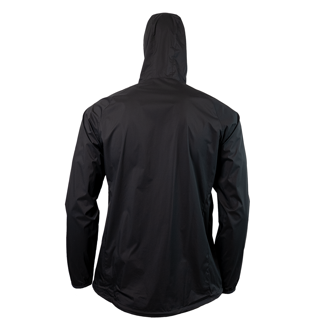 back view of windbreaker jacket for backpacking