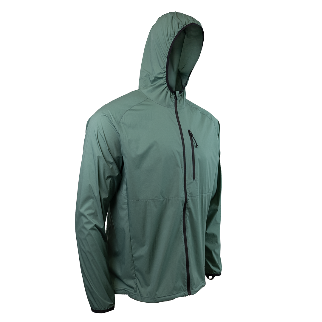 45 degree front right side view of windbreaker jacket for backpacking