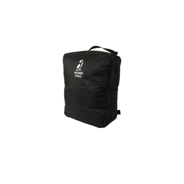 Studio product view of the Outdoor Vitals OV Cube packing accessory for the KotaUL Travel & Adventure Backpack, featuring top grab handle and printed logo.