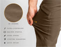Close-up showing fabric elasticity and key performance features of Outdoor Vitals Satu Adventure Pants.