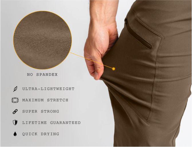 Close-up showing fabric elasticity and key performance features of Outdoor Vitals Satu Adventure Pants.