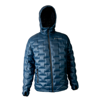 Front view of a Outdoor Vitals insulated hooded jacket, featuring quilted baffles and a full-length zipper.