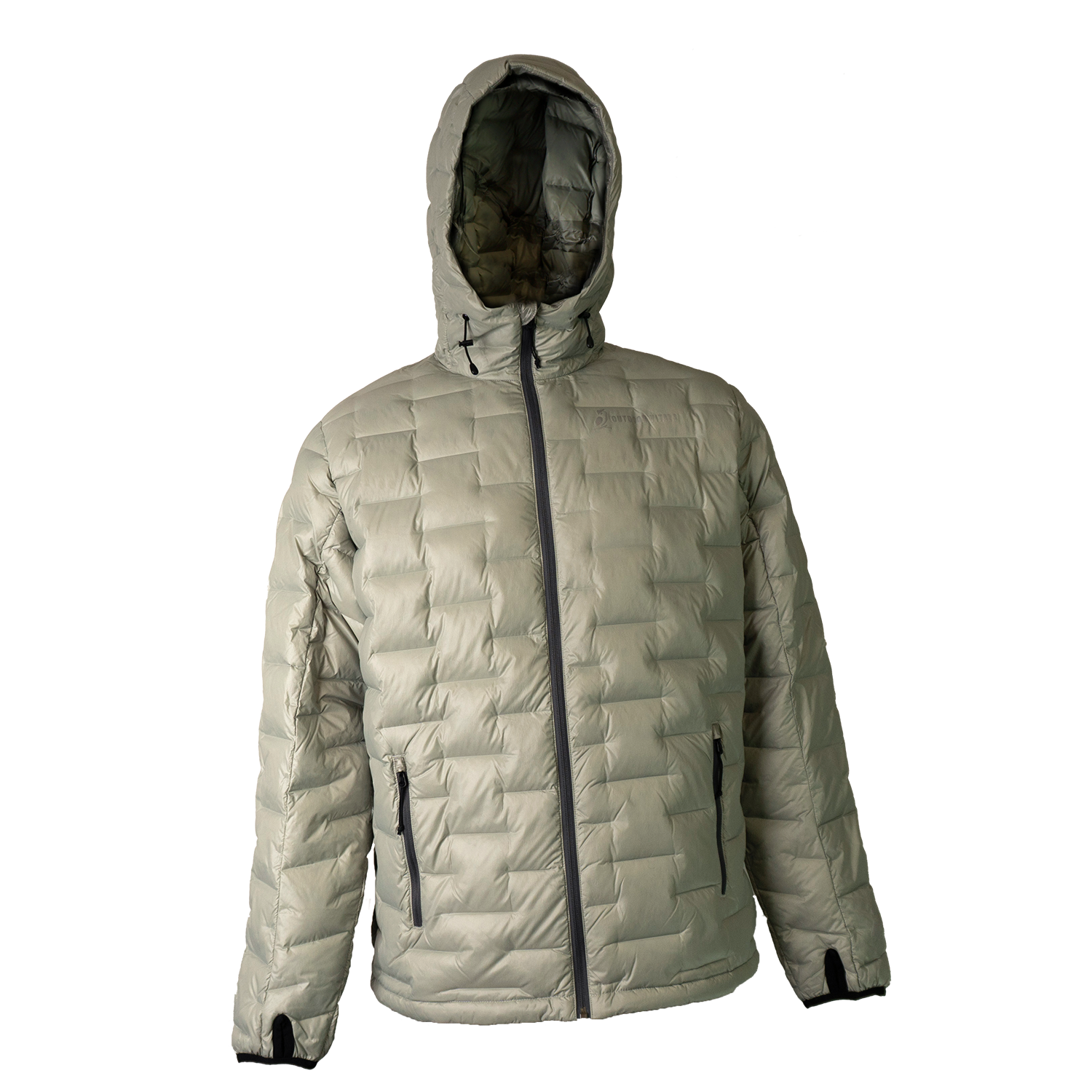 Front view of a Outdoor Vitals insulated hooded jacket, featuring quilted baffles and a full-length zipper.