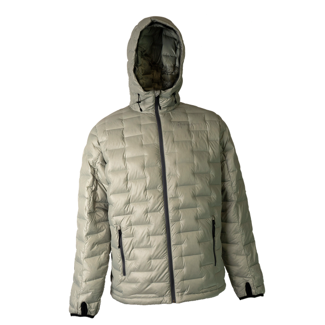 Front view of a Outdoor Vitals insulated hooded jacket, featuring quilted baffles and a full-length zipper.