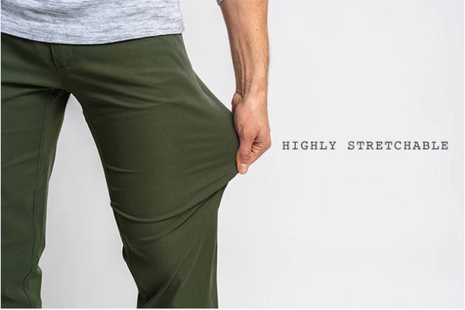 Close-up showing fabric elasticity and key performance features of Outdoor Vitals Satu Adventure Pants.