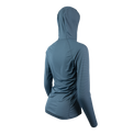 Ultralight synthetic hoodie, displaying true flat-lock seams and a minimal clean collar. 45 degree angle back view