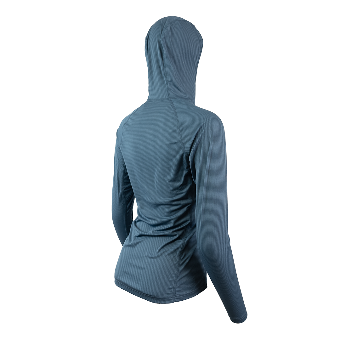 Ultralight synthetic hoodie, displaying true flat-lock seams and a minimal clean collar. 45 degree angle back view