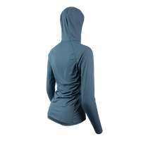 Ultralight synthetic hoodie, displaying true flat-lock seams and a minimal clean collar. 45 degree angle back view