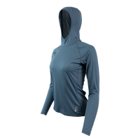 Ultralight synthetic hoodie, displaying true flat-lock seams and a minimal clean collar. 