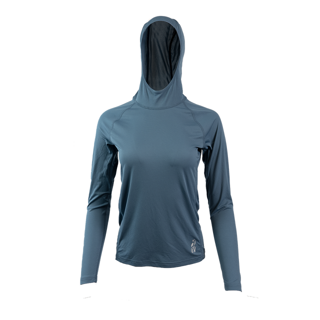 Blue Ultralight synthetic hoodie with a hood, displaying true flat-lock seams and a minimal clean collar.