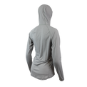 Ultralight synthetic hoodie, displaying true flat-lock seams and a minimal clean collar. 45 degree angle back left view