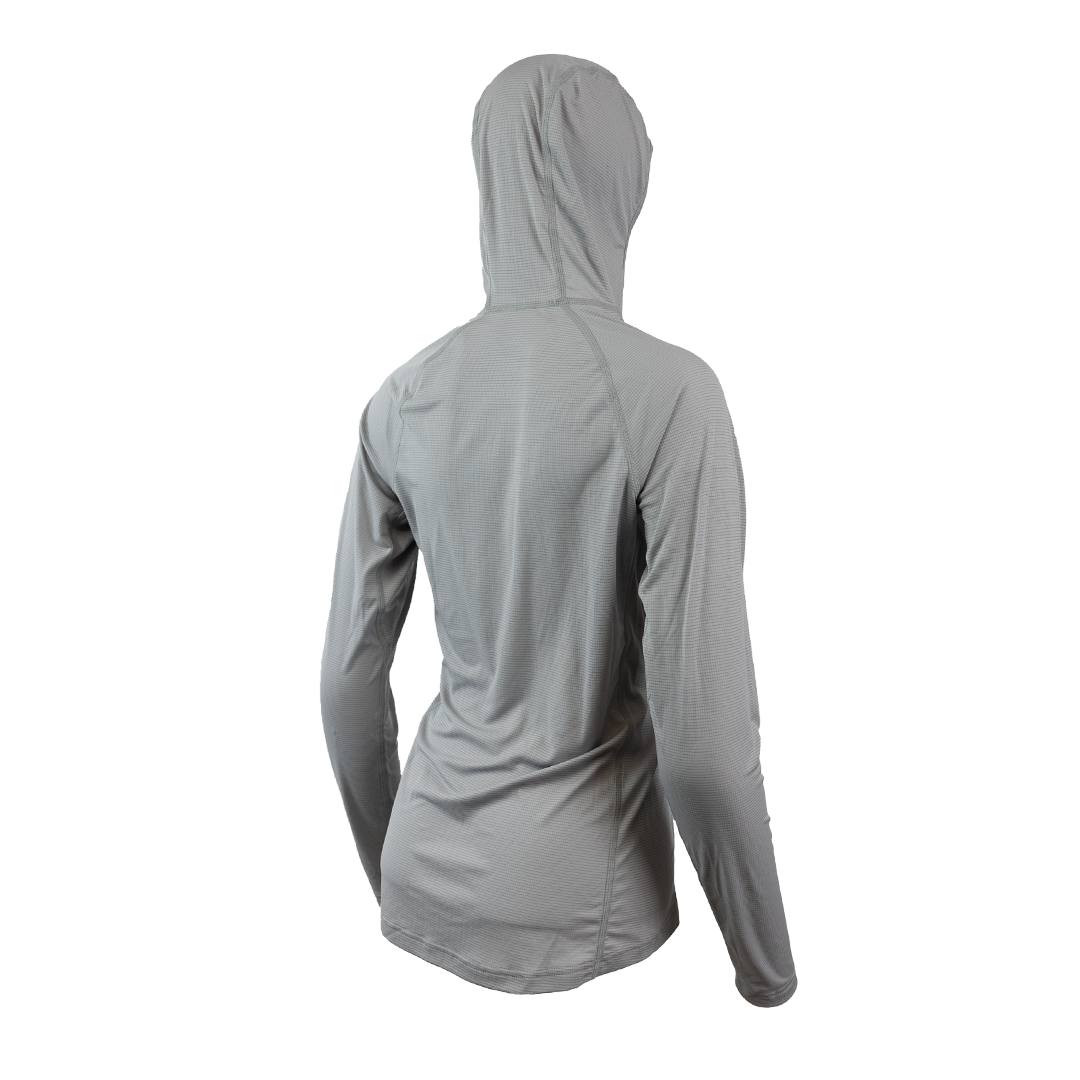 Ultralight synthetic hoodie, displaying true flat-lock seams and a minimal clean collar. 45 degree angle back left view
