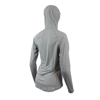 Ultralight synthetic hoodie, displaying true flat-lock seams and a minimal clean collar. 45 degree angle back left view