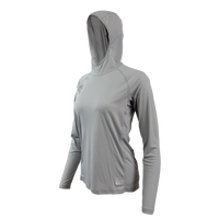 Ultralight synthetic hoodie, displaying true flat-lock seams and a minimal clean collar. 45 degree angle front left view