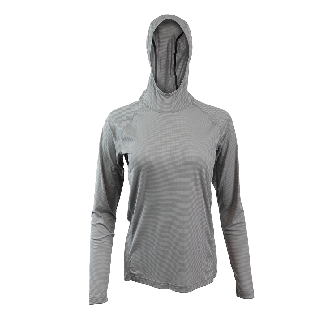 Gray Ultralight synthetic hoodie with a hood, displaying true flat-lock seams and a minimal clean collar.
