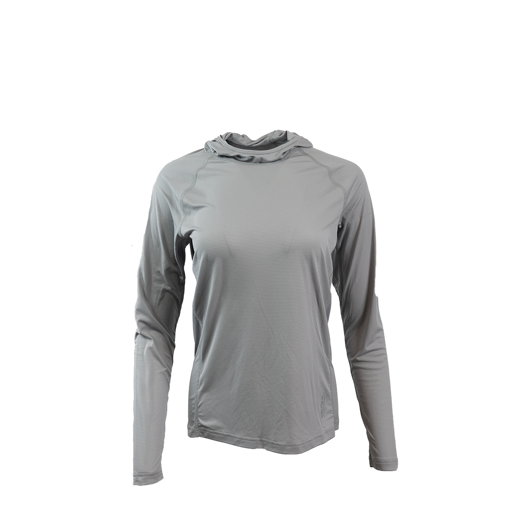 Ultralight synthetic hoodie, displaying true flat-lock seams and a minimal clean collar. Front view