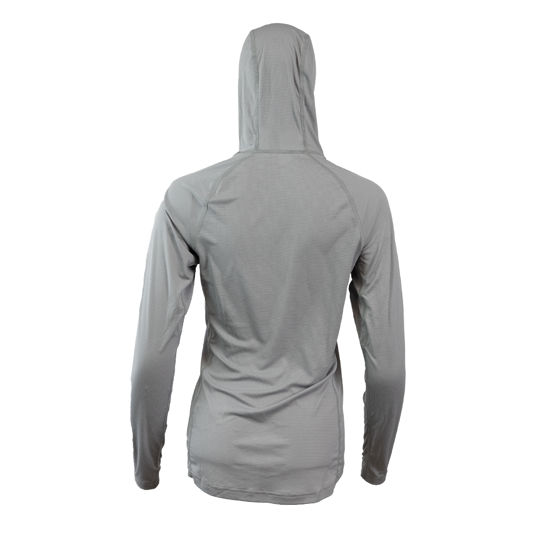 Ultralight synthetic hoodie, displaying true flat-lock seams and a minimal clean collar. Back view