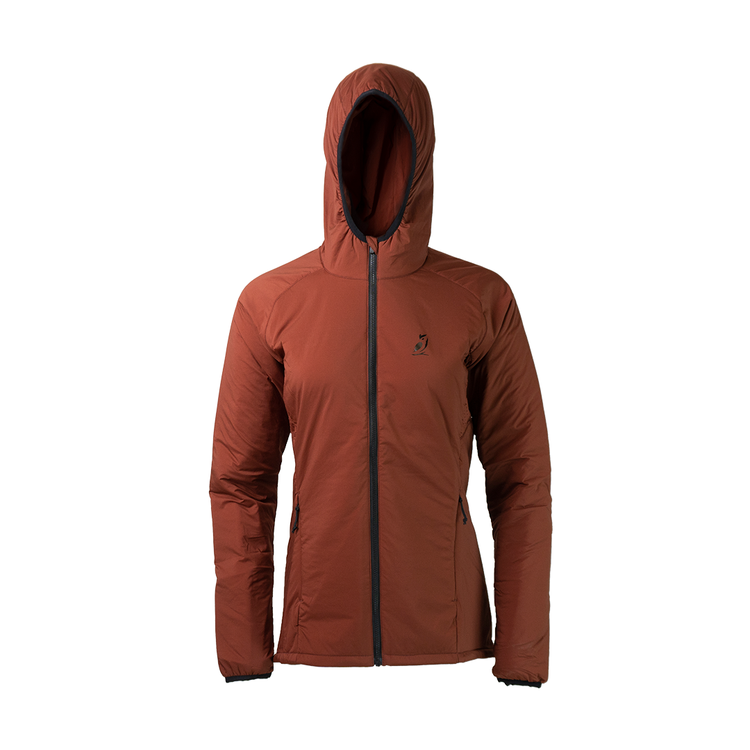 front view of women's full zip hooded jacket for backpacking